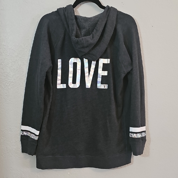 PINK Victoria's Secret LOVE Hooded Sweater W/Sequins, Gray, Womens Large - Picture 8 of 9